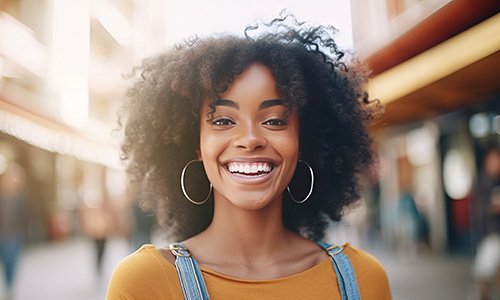 Woman smiling while talking outside