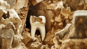 AI rendering of a large broken tooth buried with rocks and dirt